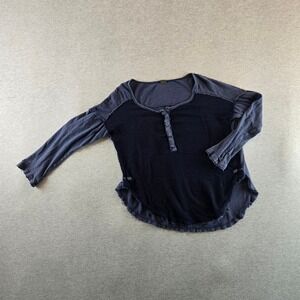 Free People Sunday Henley‎ Top Womens XS Navy Blue Long Sleeve Mixed Media Boho